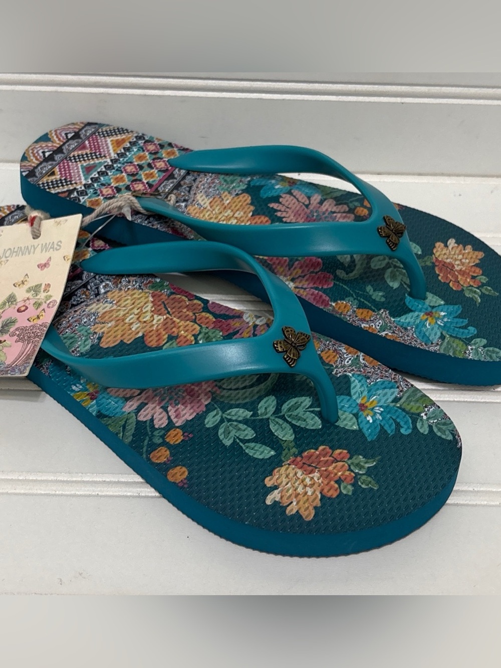 JOHNNY WAS Sonoma Floral Butterfly Rubber Flip Flops Sandals Womens Size 8 NEW